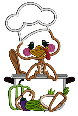 Turkey Cook With a Pot And Vegetables Thanksgiving Applique Machine Embroidery Design Digitized Pattern