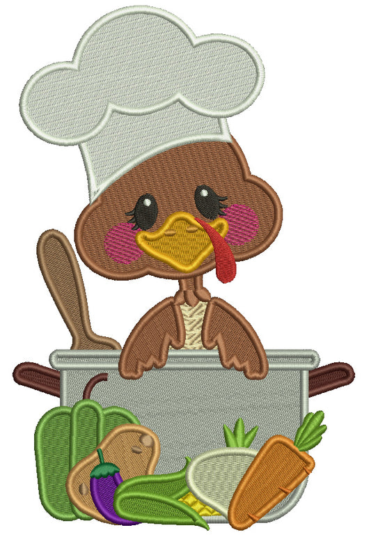 Turkey Cook With a Pot And Vegetables Thanksgiving Filled Machine Embroidery Design Digitized Pattern