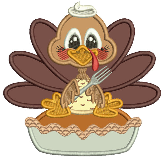 Turkey Eating Pumpkin Pie Thanksgiving Applique Machine Embroidery Design Digitized Pattern
