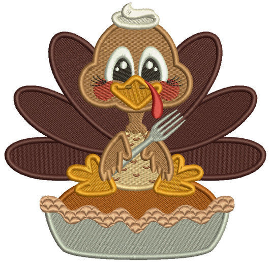 Turkey Eating Pumpkin Pie Thanksgiving Filled Machine Embroidery Design Digitized Pattern