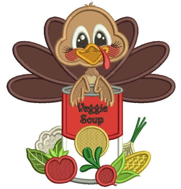 Turkey Holding Can Of Veggie Soup Thanksgiving Applique Machine Embroidery Design Digitized Pattern