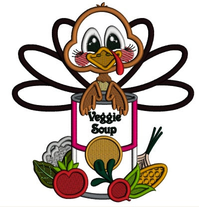 Turkey Holding Can Of Veggie Soup Thanksgiving Applique Machine Embroidery Design Digitized Pattern