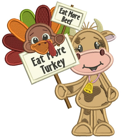 Turkey Holding Signs Eat More Beef While Cow Is Holding Sign Eat More Turkey Thanksgiving Applique Machine Embroidery Design Digitized Pattern