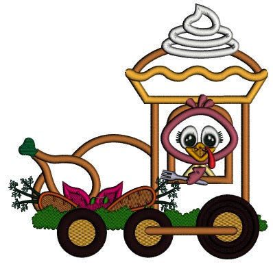 Turkey Holding a Fork Riding Thanksgiving Train Applique Machine Embroidery Design Digitized Pattern