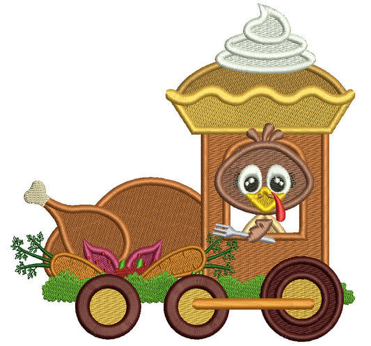 Turkey Holding a Fork Riding Thanksgiving Train Filled Machine Embroidery Design Digitized Pattern