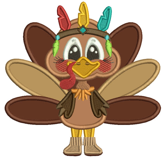 Turkey Indian With Colorful Feathers Thanksgiving Applique Machine Embroidery Design Digitized Pattern