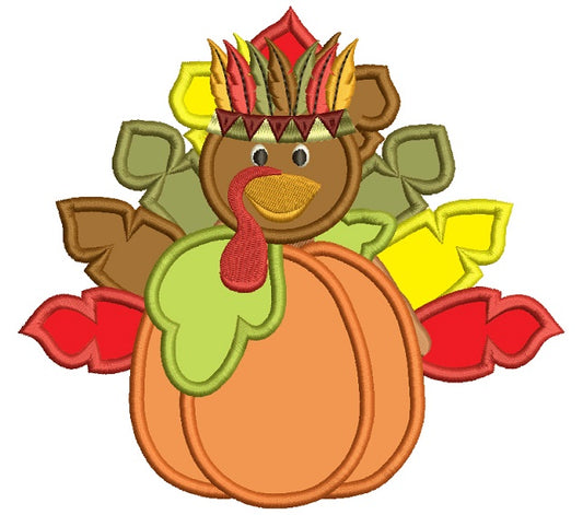 Turkey Indian With Feathers on a Huge Pumpkin Applique Machine Embroidery Digitized Design Pattern