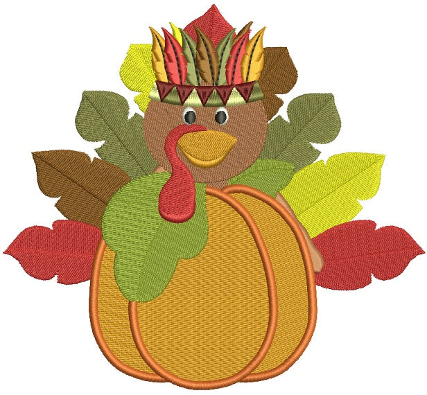 Turkey Indian With Feathers on a Huge Pumpkin Filled Machine Embroidery Digitized Design Pattern