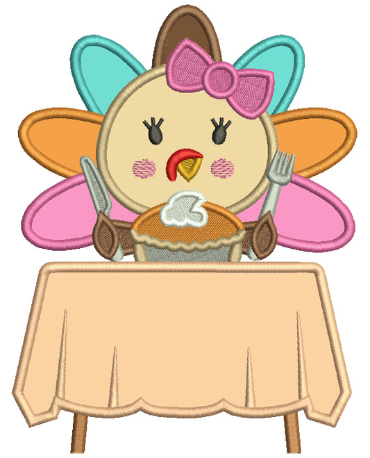 Turkey Sitting At The Table Eating Pumpkin Pie Thanksgiving Applique Machine Embroidery Design Digitized Pattern