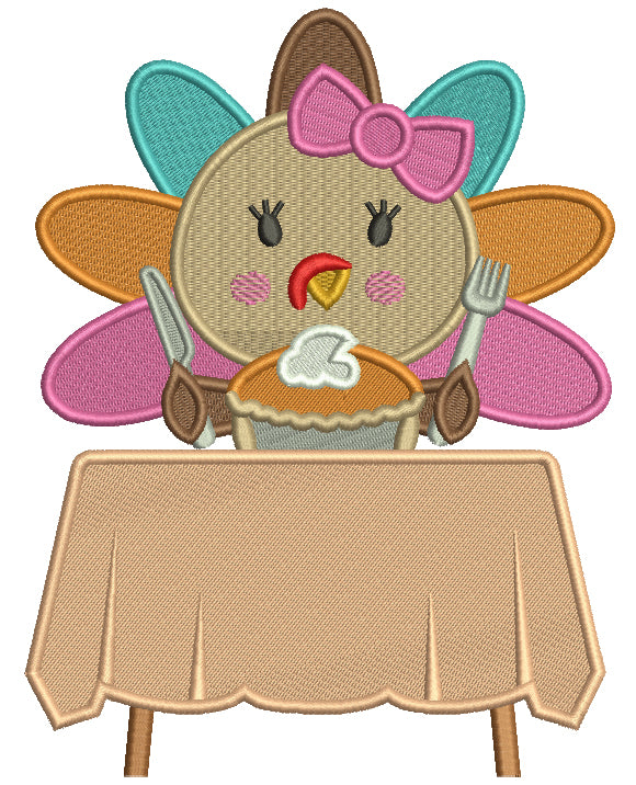 Turkey Sitting At The Table Eating Pumpkin Pie Thanksgiving Filled Machine Embroidery Design Digitized Pattern