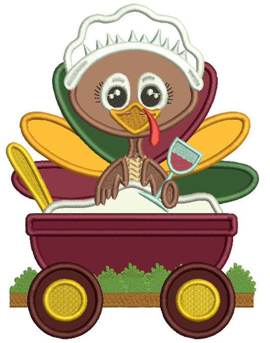 Turkey Sitting Inside The Wagon Holding Drink Thanksgiving Applique Machine Embroidery Design Digitized Pattern