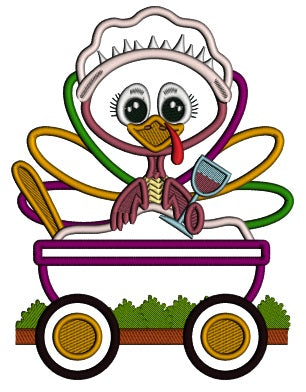 Turkey Sitting Inside The Wagon Holding Drink Thanksgiving Applique Machine Embroidery Design Digitized Pattern