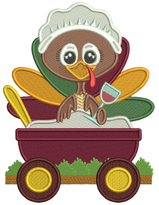 Turkey Sitting Inside The Wagon Holding Drink Thanksgiving Filled Machine Embroidery Design Digitized Pattern