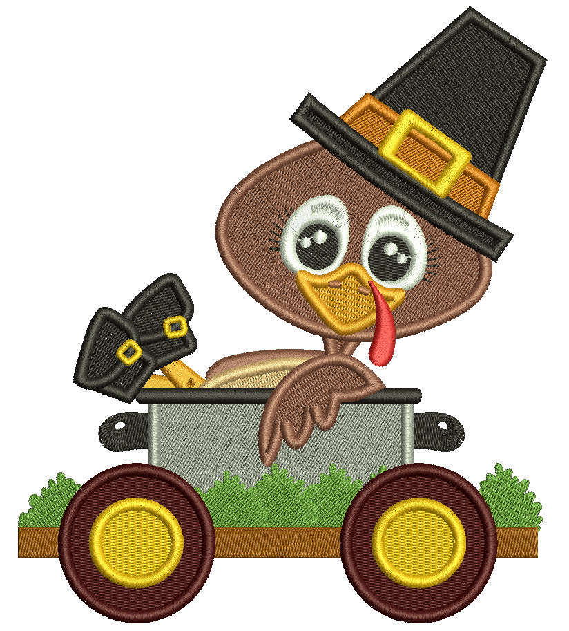 Turkey Sitting in A Wagon Thanksgiving Filled Machine Embroidery Design Digitized Pattern