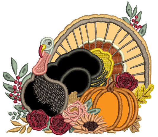 Turkey With Flowers And Pumpkin Thanksgiving Applique Machine Embroidery Design Digitized Pattern