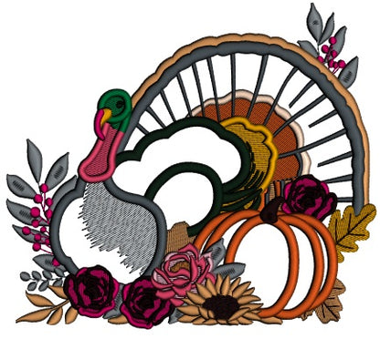 Turkey With Flowers And Pumpkin Thanksgiving Applique Machine Embroidery Design Digitized Pattern