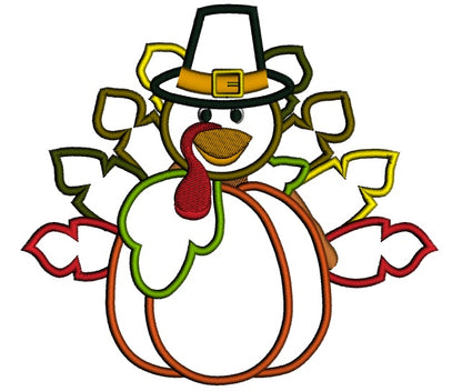 Turkey With a Hat on a Pumpkin Thanksgiving Applique Machine Embroidery Digitized Design Pattern