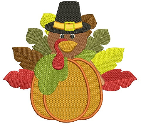 Turkey With a Hat on a Pumpkin Thanksgiving Filled Machine Embroidery Digitized Design Pattern