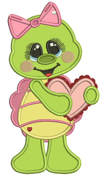 Turtle Holding Heart Valentine's Day Applique Machine Embroidery Design Digitized Pattern