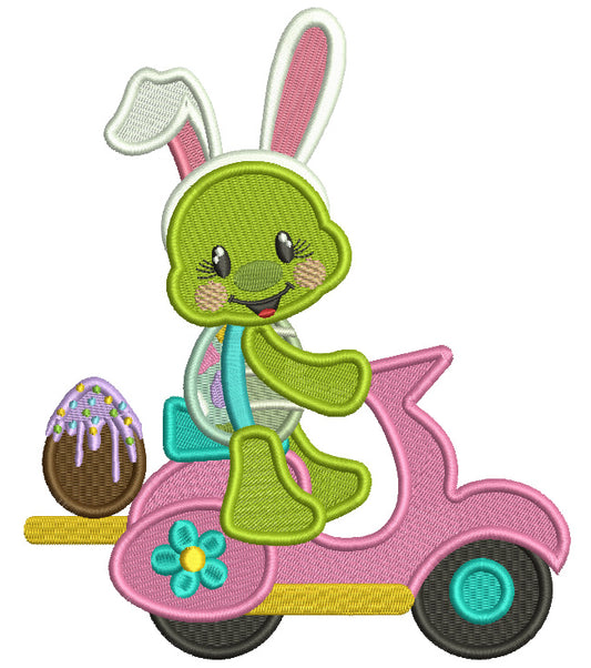 Turtle With Bunny Ears Riding Moped Easter Filled Machine Embroidery Design Digitized Pattern