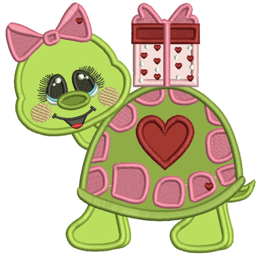 Turtle With a Heart And Presents Valentine's Day Applique Machine Embroidery Design Digitized Pattern