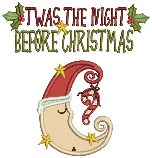 Twas The Night Before Christmas Moon With Candy Cane Christmas Applique Machine Embroidery Design Digitized Pattern
