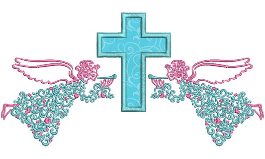 Two Angels And a Cross Ornate Religious Applique Machine Embroidery Design Digitized Pattern