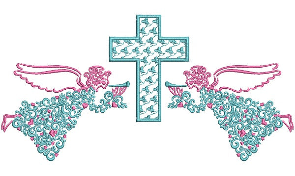 Two Angels And a Cross Ornate Religious Filled Machine Embroidery Design Digitized Pattern