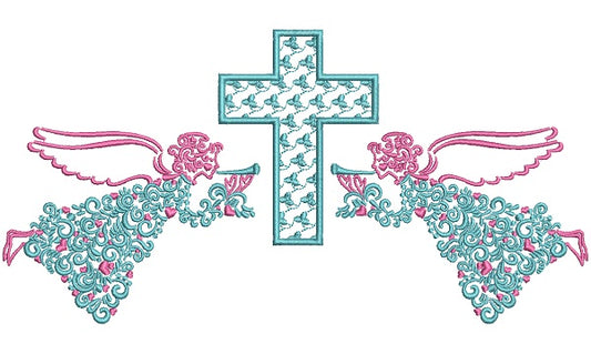 Two Angels And a Cross Ornate Religious Filled Machine Embroidery Design Digitized Pattern