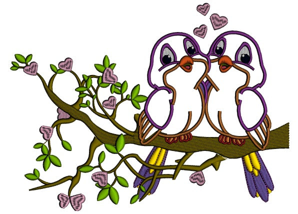Two Birds In Love Sitting On A Branch With Hearts Applique Machine Embroidery Design Digitized Pattern
