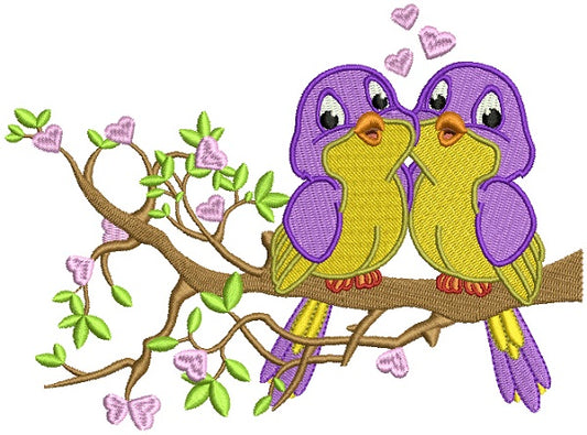 Two Birds In Love Sitting On A Branch With Hearts Filled Machine Embroidery Design Digitized Pattern