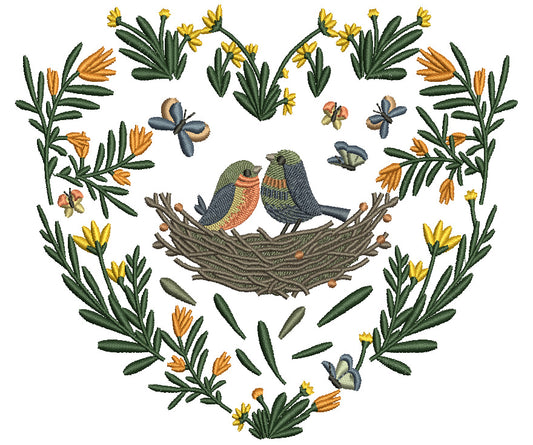 Two Birds Inside a Nest With Ornate Flowers And Butterflies Filled Machine Embroidery Design Digitized Pattern
