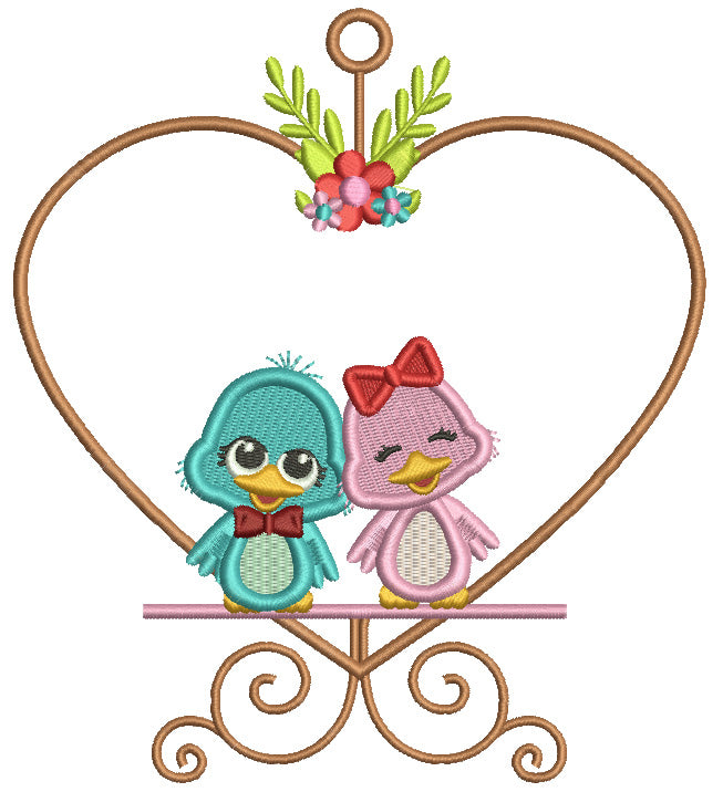 Two Birds Sitting On a Heart Shaped Bird Perch Valentine's Day Filled Machine Embroidery Design Digitized Pattern