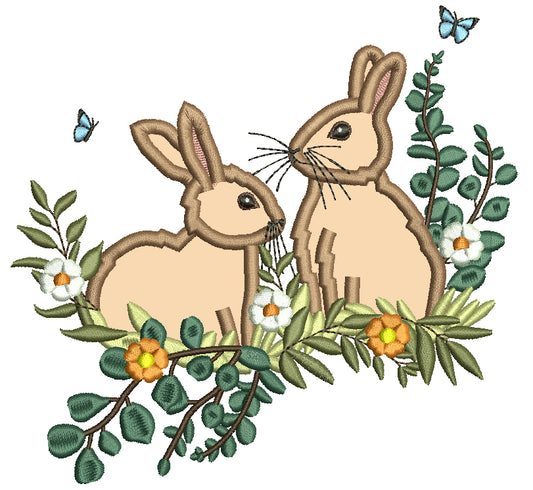 Two Bunnies Butterflies Flowers And Leaves Easter Applique Machine Embroidery Design Digitized Pattern