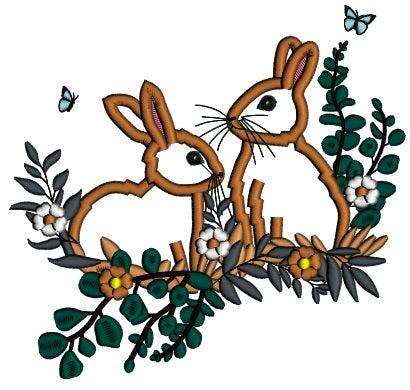 Two Bunnies Butterflies Flowers And Leaves Easter Applique Machine Embroidery Design Digitized Pattern