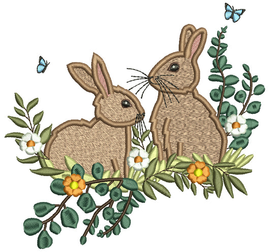 Two Bunnies Butterflies Flowers And Leaves Easter Filled Machine Embroidery Design Digitized Pattern