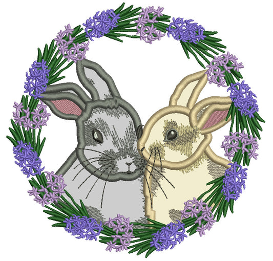 Two Bunnies Wreath Easter Applique Machine Embroidery Design Digitized Pattern