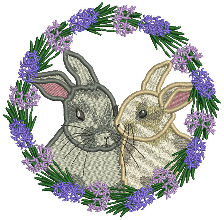 Two Bunnies Wreath Easter Filled Machine Embroidery Design Digitized Pattern