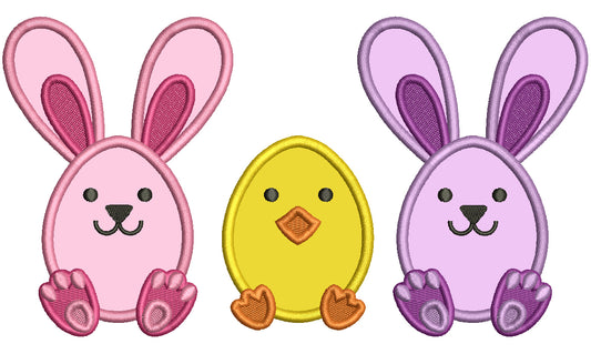 Two Bunnies and a Chick Easter Applique Machine Embroidery Design Digitized Pattern
