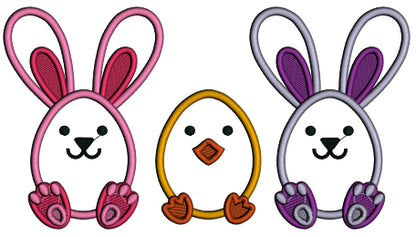 Two Bunnies and a Chick Easter Applique Machine Embroidery Design Digitized Pattern