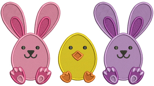 Two Bunnies and a Chick Easter Filled Machine Embroidery Design Digitized Pattern