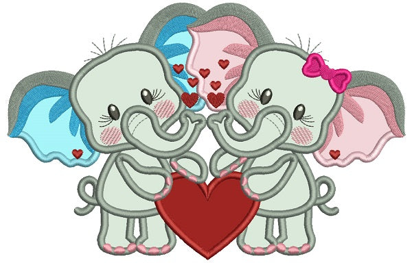 Two Cute Baby Elephants Holding a Hearts Applique Valentine's Day Machine Embroidery Design Digitized Pattern