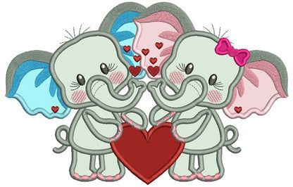 Two Cute Baby Elephants Holding a Hearts Applique Valentine's Day Machine Embroidery Design Digitized Pattern