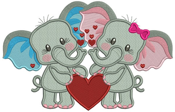 Two Cute Baby Elephants Holding a Hearts Filled Valentine's Day Machine Embroidery Design Digitized Pattern