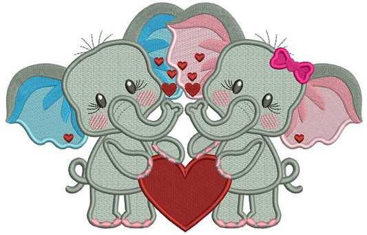 Two Cute Baby Elephants Holding a Hearts Filled Valentine's Day Machine Embroidery Design Digitized Pattern