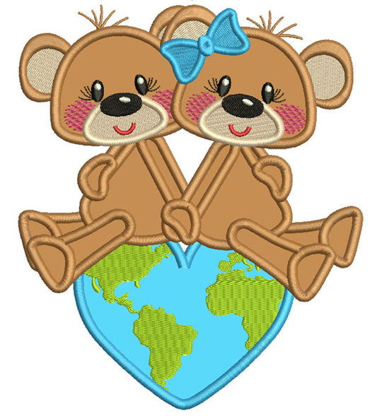 Two Cute Bears Sitting On Top Of The World Applique Machine Embroidery Design Digitized Pattern