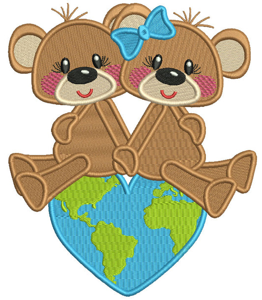 Two Cute Bears Sitting On Top Of The World Filled Machine Embroidery Design Digitized Pattern