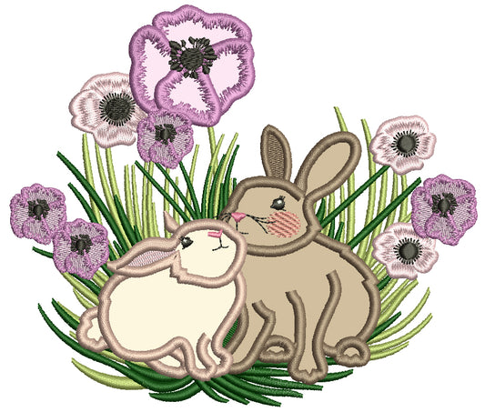 Two Cute Bunnies And Flowers Easter Applique Machine Embroidery Design Digitized Pattern
