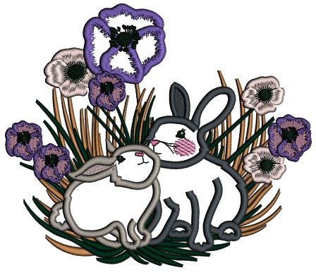 Two Cute Bunnies And Flowers Easter Applique Machine Embroidery Design Digitized Pattern