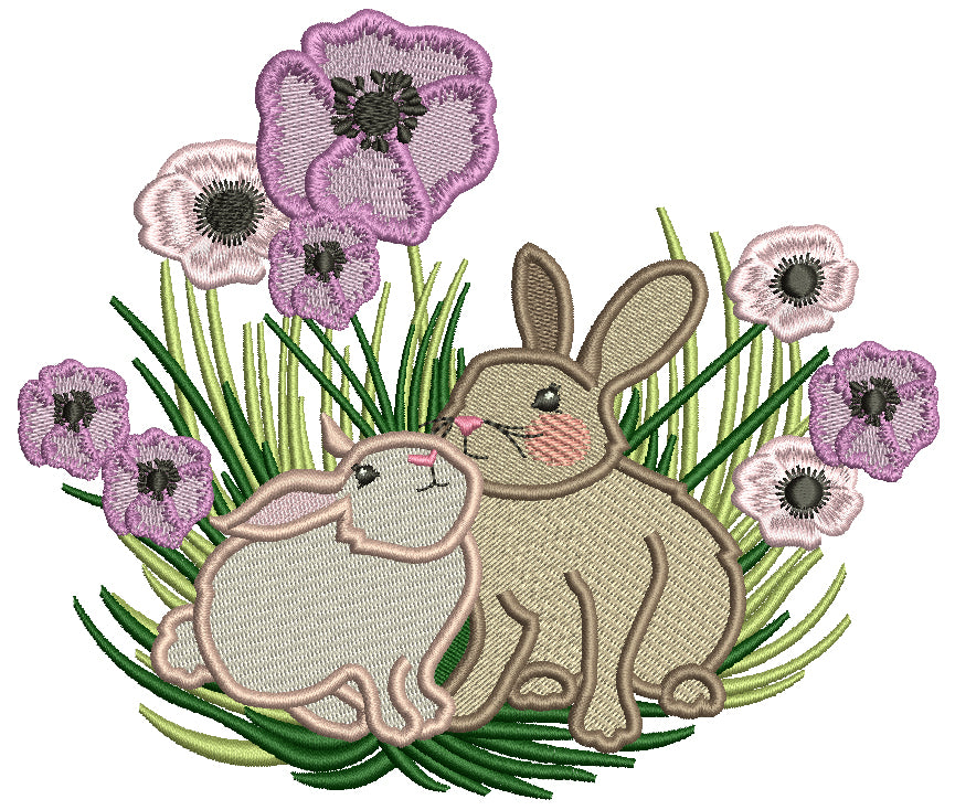 Two Cute Bunnies And Flowers Easter Filled Machine Embroidery Design Digitized Pattern